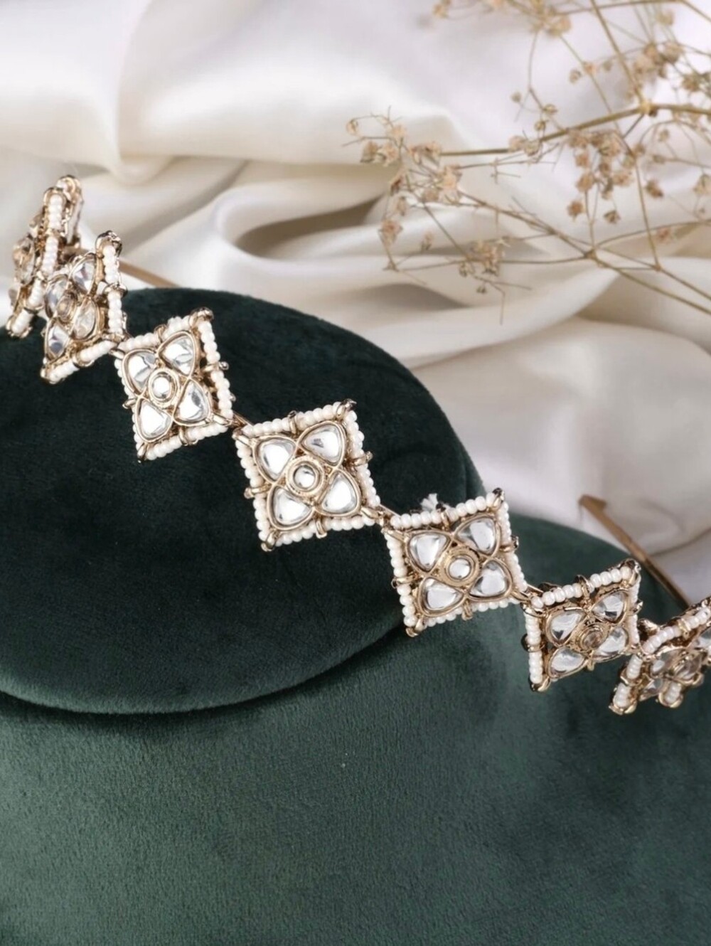 Gold-Tone Kundan Statement Hairband with Pearl Detailing